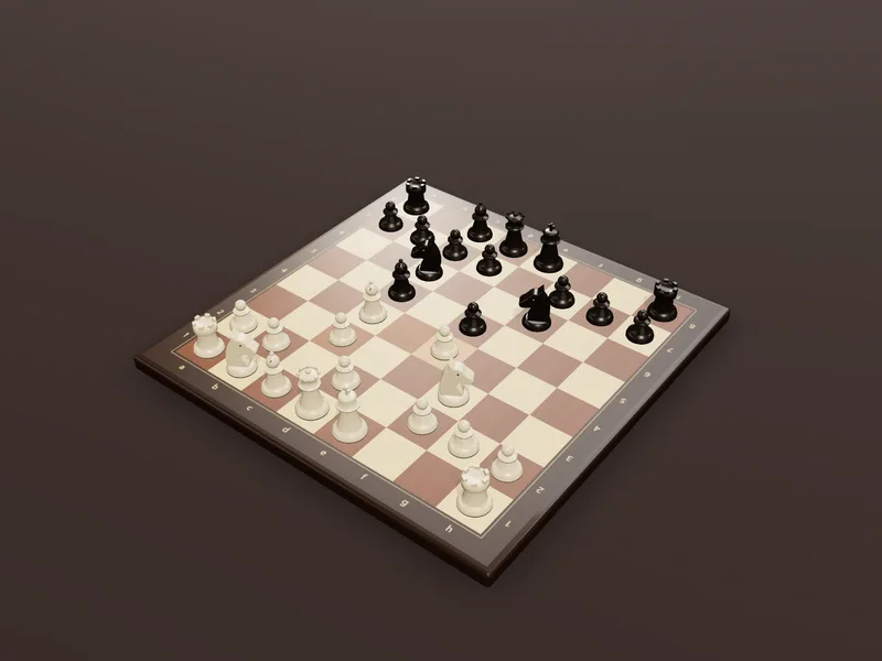 An ivory-colored chess set in the Italian Game position after 4.c3 Nf6.