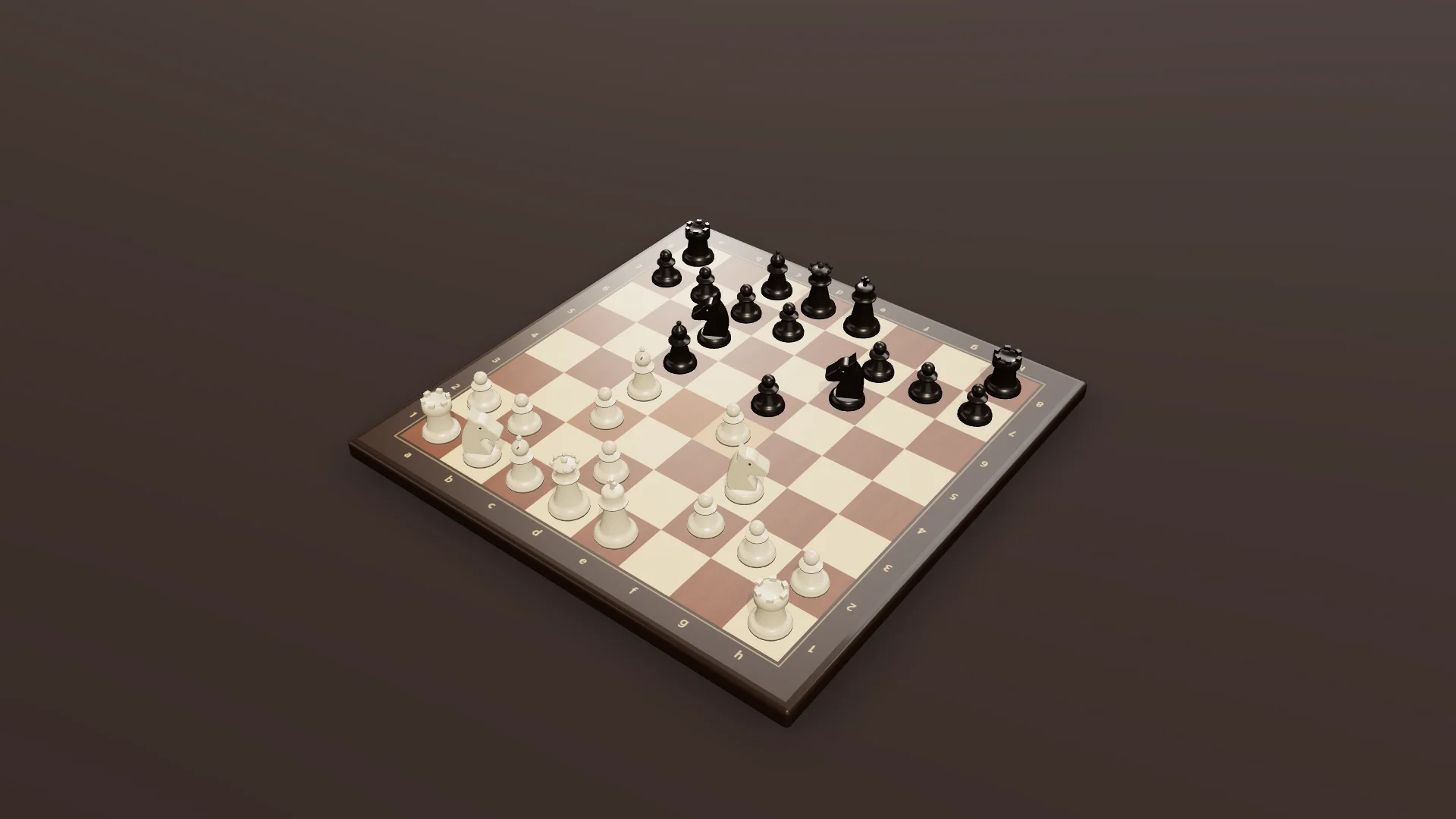 An ivory-colored chess set in the Italian Game position after 4.c3 Nf6.