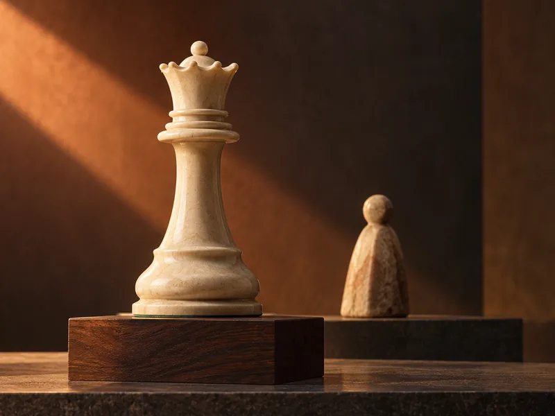 An imagined ivory-colored queen sculpture beside a smaller counselor-like piece in a warmly lit gallery.
