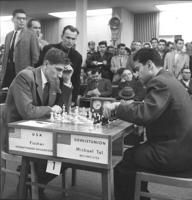 Bobby Fischer and Mikhail Tal at the 1960 Chess Olympiad in Leipzig.
