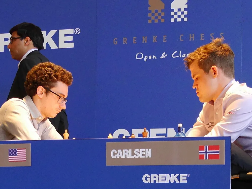 Fabiano Caruana and Magnus Carlsen at the 2018 Grenke Chess Classic in Karlsruhe.